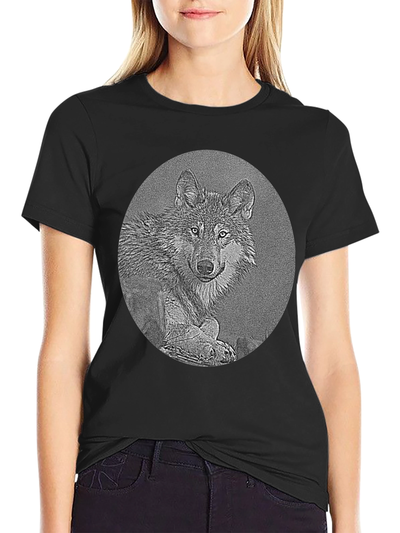Wolf Portrait Graphic Print Black T-Shirt