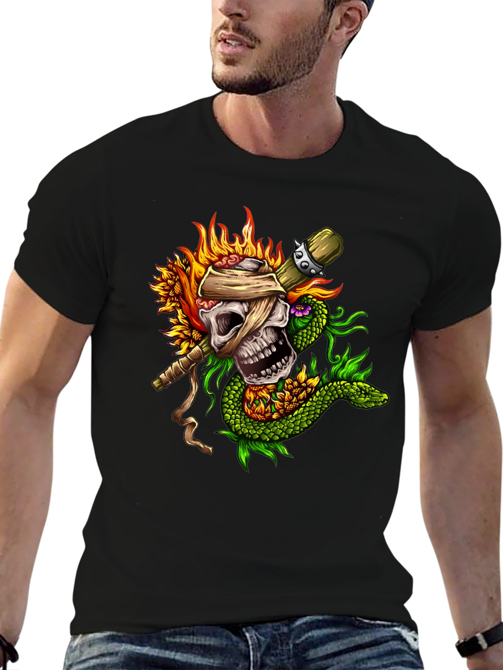 Skull & Snake Graphic Tee - Unique Tattoo Style