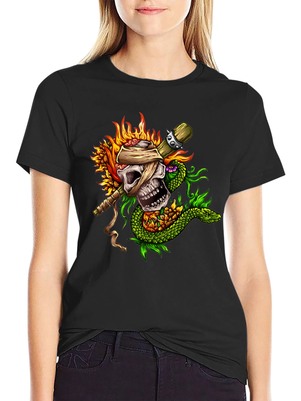 Skull & Snake Graphic Tee - Unique Tattoo Style