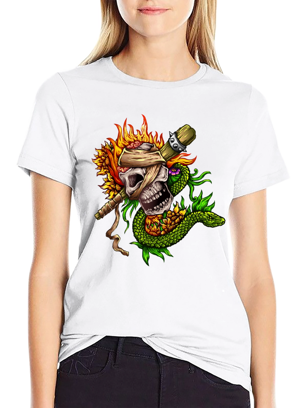 Skull & Snake Graphic Tee - Unique Tattoo Style