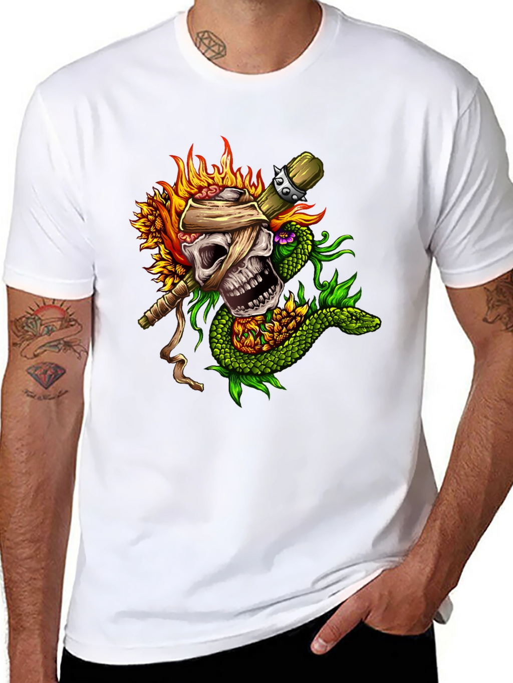 Skull & Snake Graphic Tee - Unique Tattoo Style