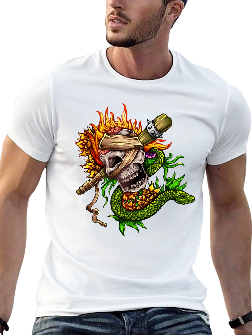 Skull & Snake Graphic Tee - Unique Tattoo Style