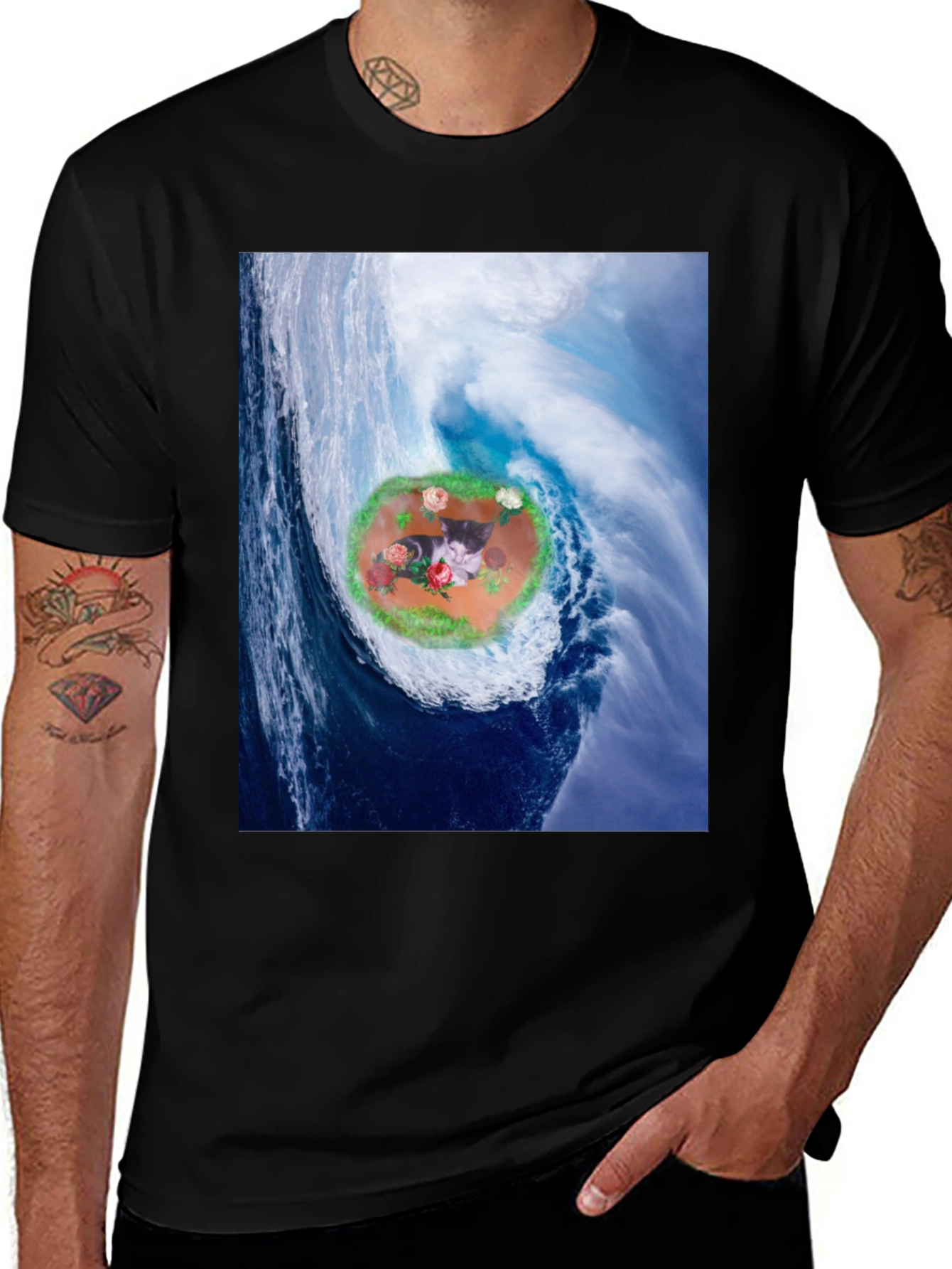 Wave Kitty T-Shirt: Black Cotton Blend