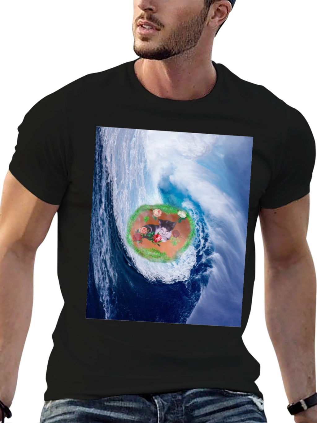 Wave Kitty T-Shirt: Black Cotton Blend