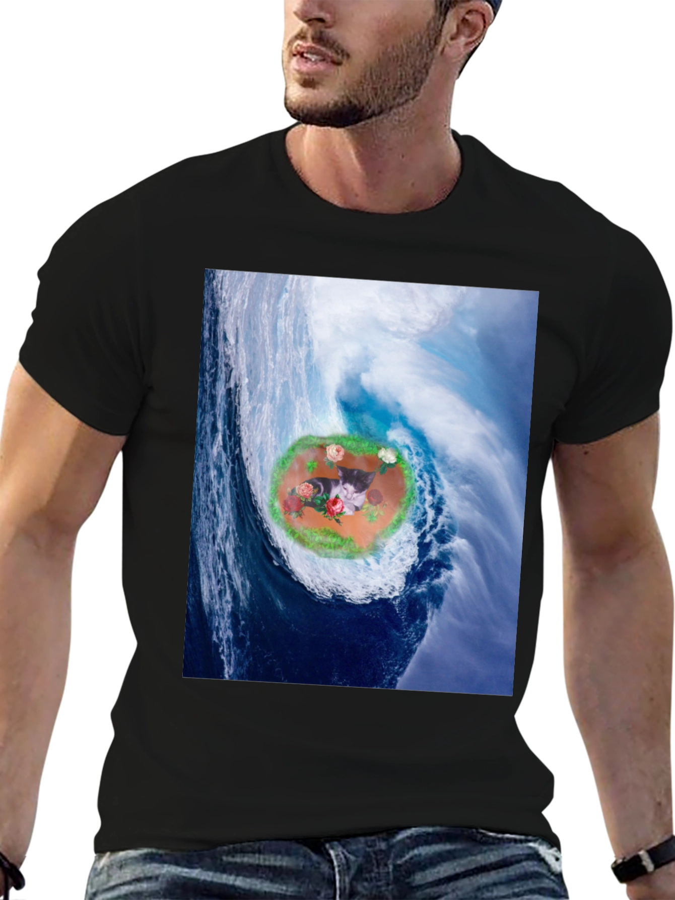 Wave Kitty T-Shirt: Black Cotton Blend
