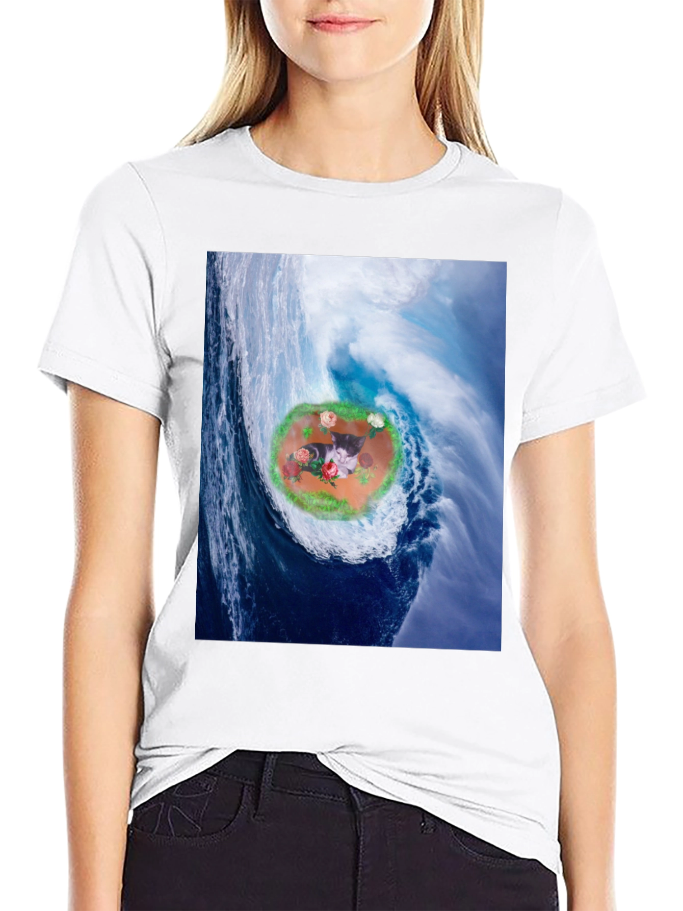 Wave Kitty T-Shirt: Black Cotton Blend