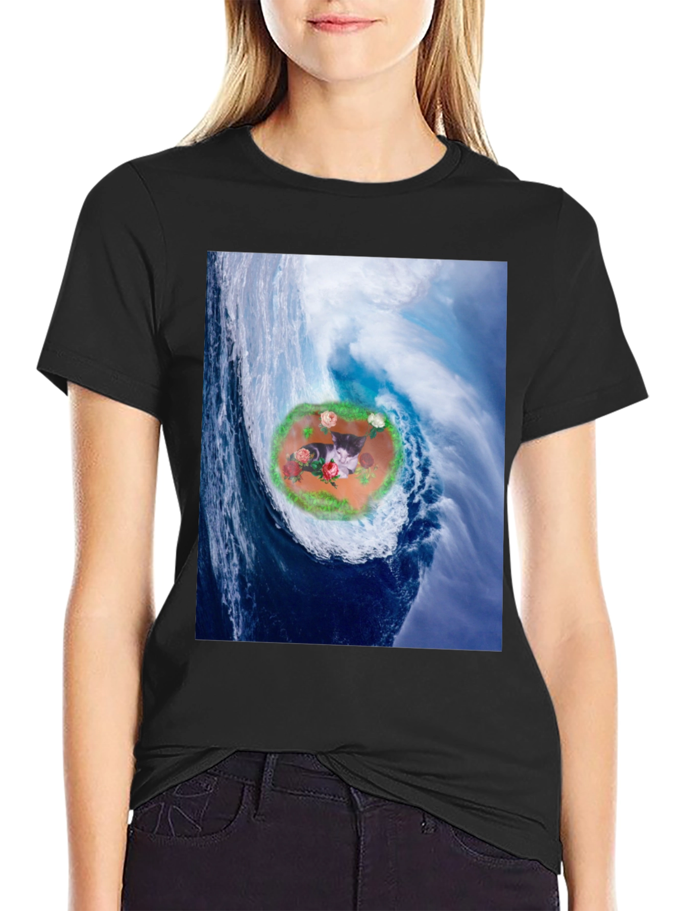 Wave Kitty T-Shirt: Black Cotton Blend