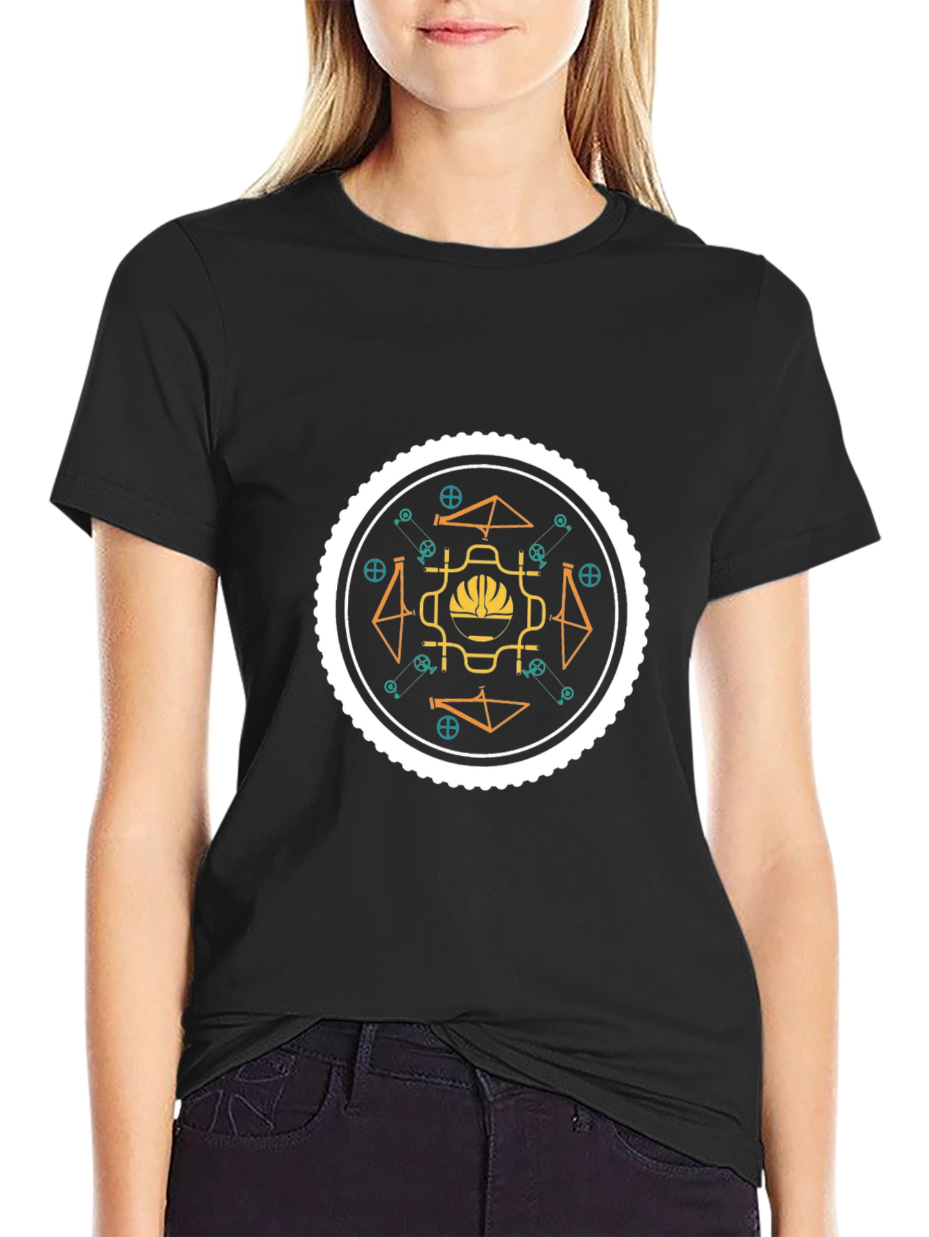 Geometric Bike Graphic Tee - Stylish Black Cotton T-Shirt