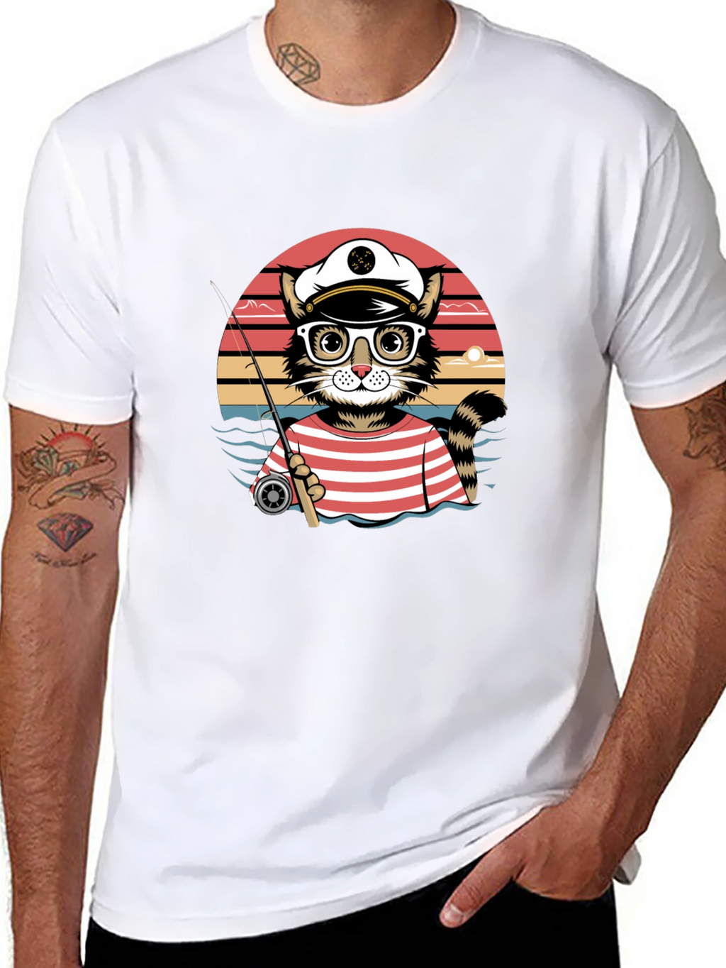 Cat Captain Fishing T-Shirt - Striped Sailor Style