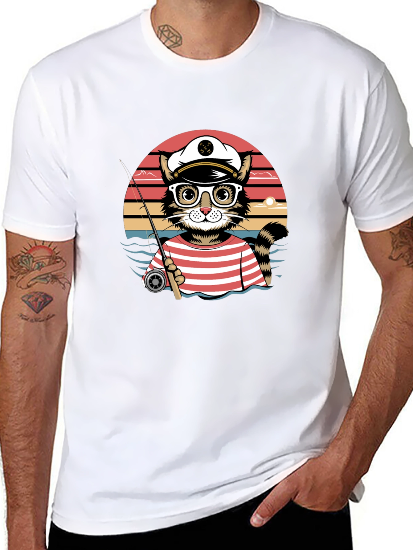 Cat Captain Fishing T-Shirt - Striped Sailor Style