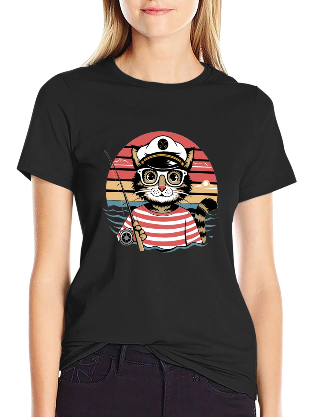 Cat Captain Fishing T-Shirt - Striped Sailor Style