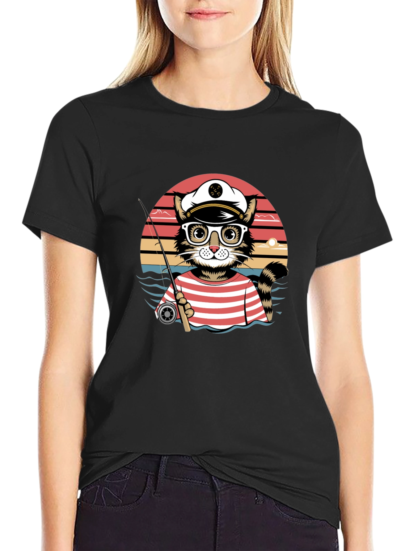 Cat Captain Fishing T-Shirt - Striped Sailor Style