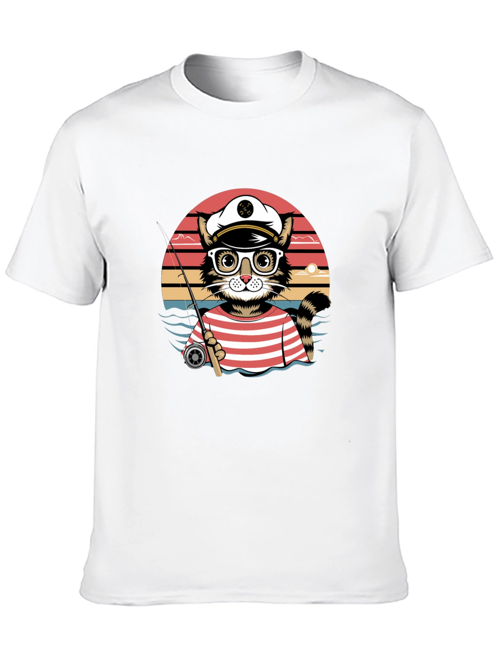 Cat Captain Fishing T-Shirt - Striped Sailor Style
