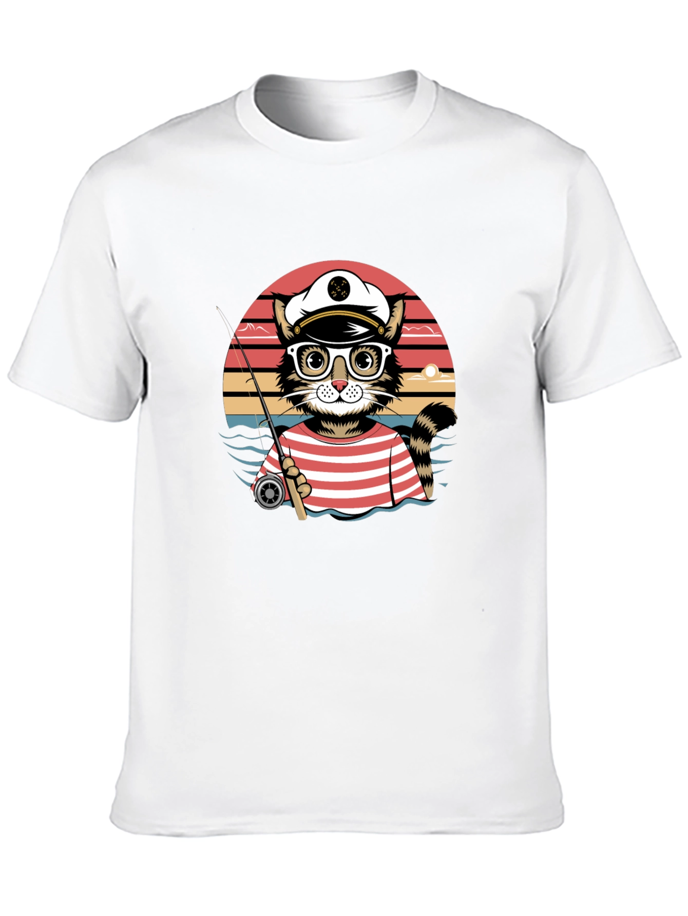 Cat Captain Fishing T-Shirt - Striped Sailor Style