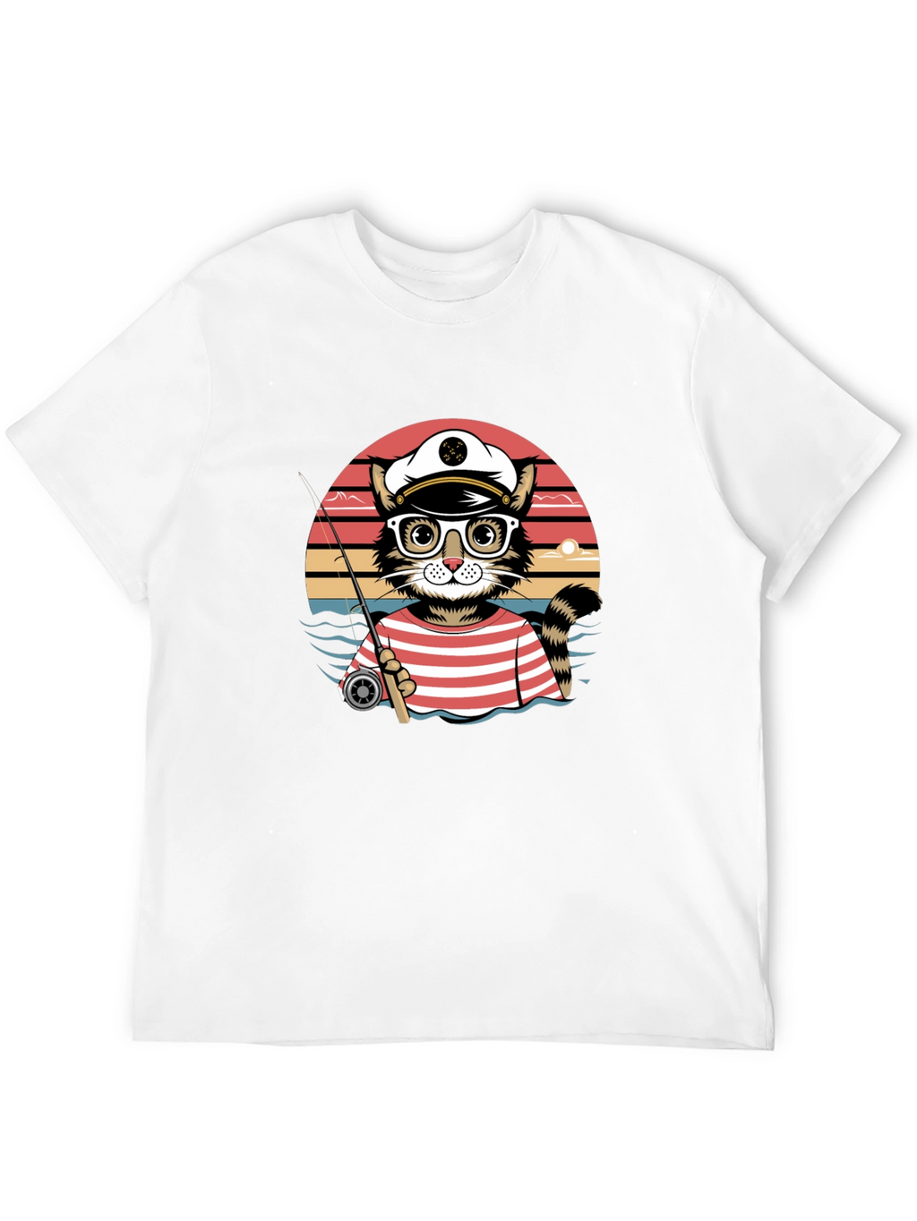 Cat Captain Fishing T-Shirt - Striped Sailor Style