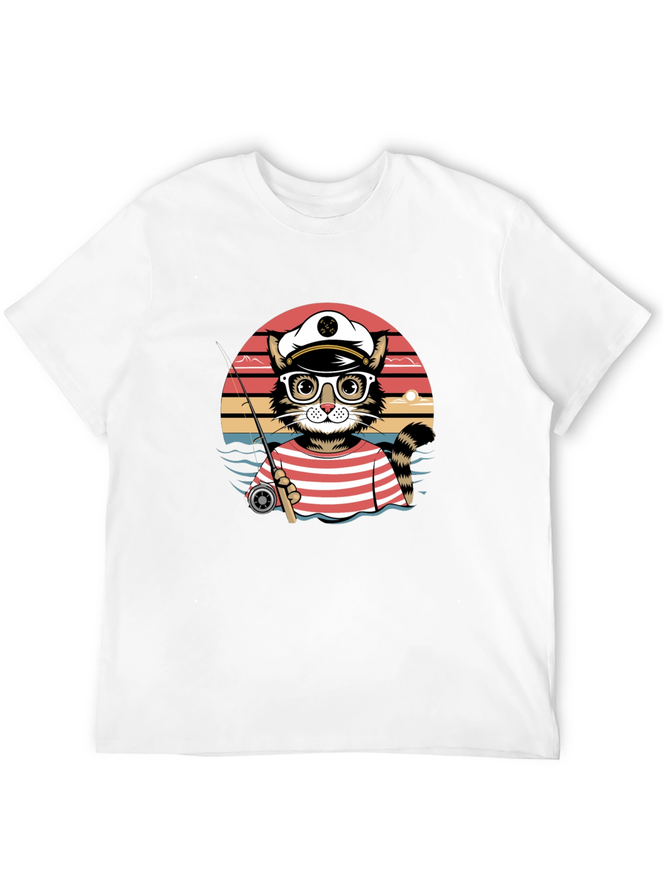 Cat Captain Fishing T-Shirt - Striped Sailor Style