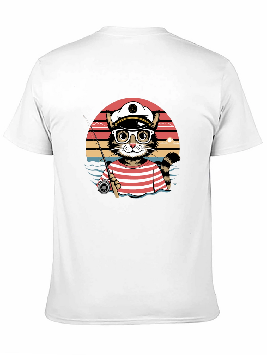 Cat Captain Fishing T-Shirt - Striped Sailor Style