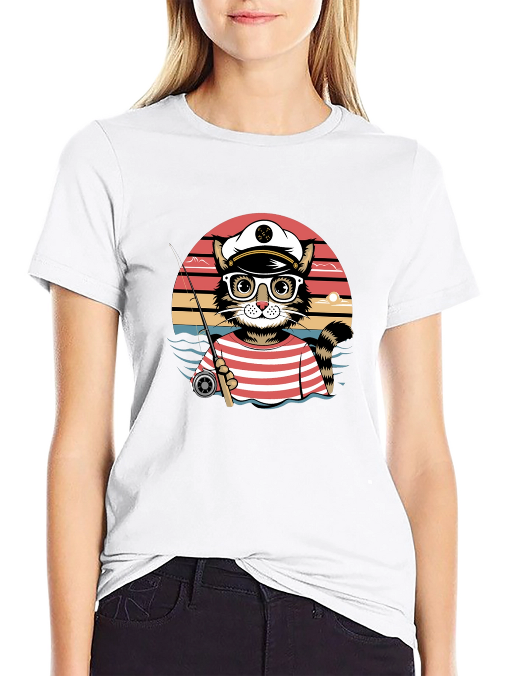 Cat Captain Fishing T-Shirt - Striped Sailor Style