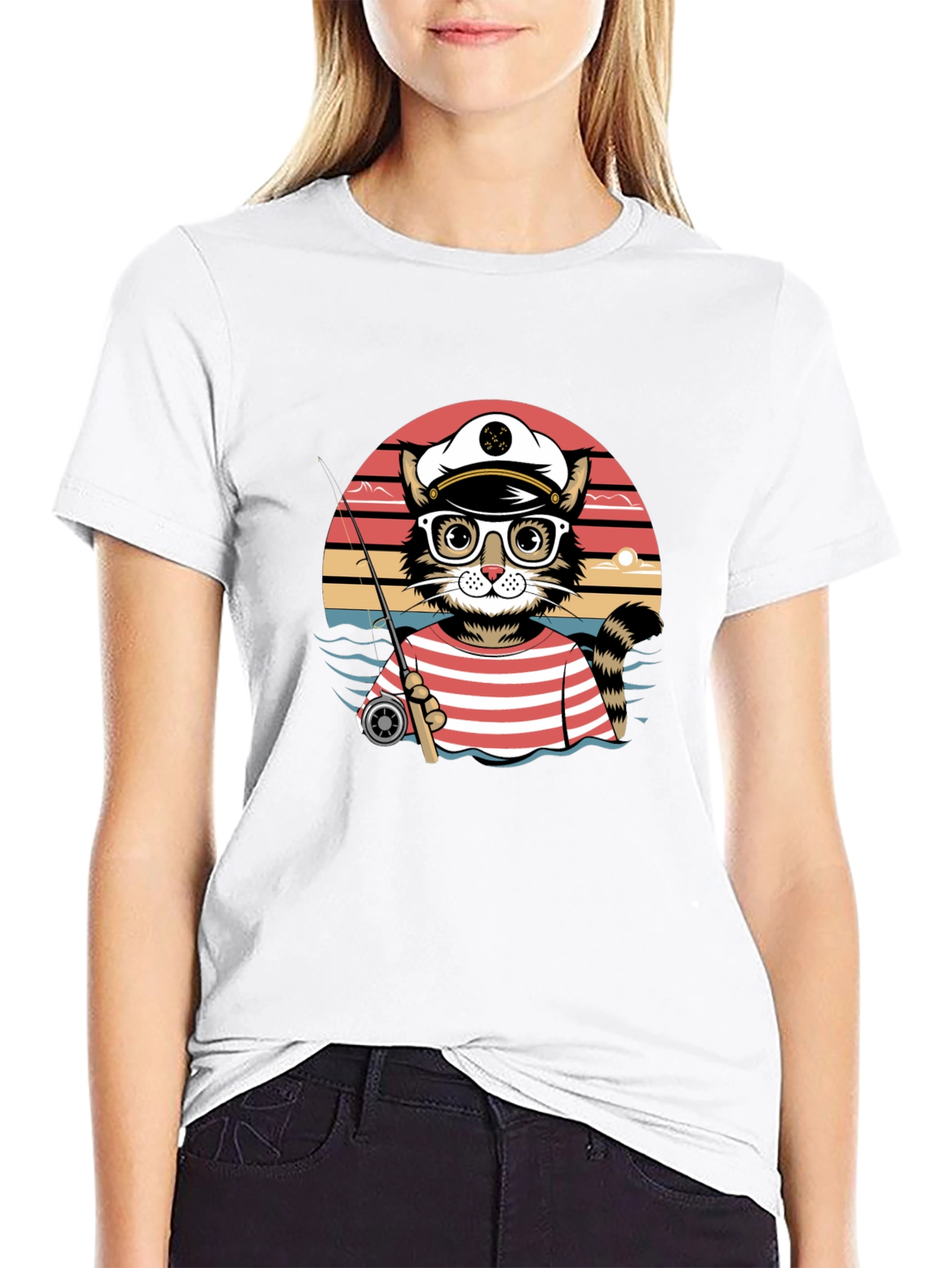 Cat Captain Fishing T-Shirt - Striped Sailor Style