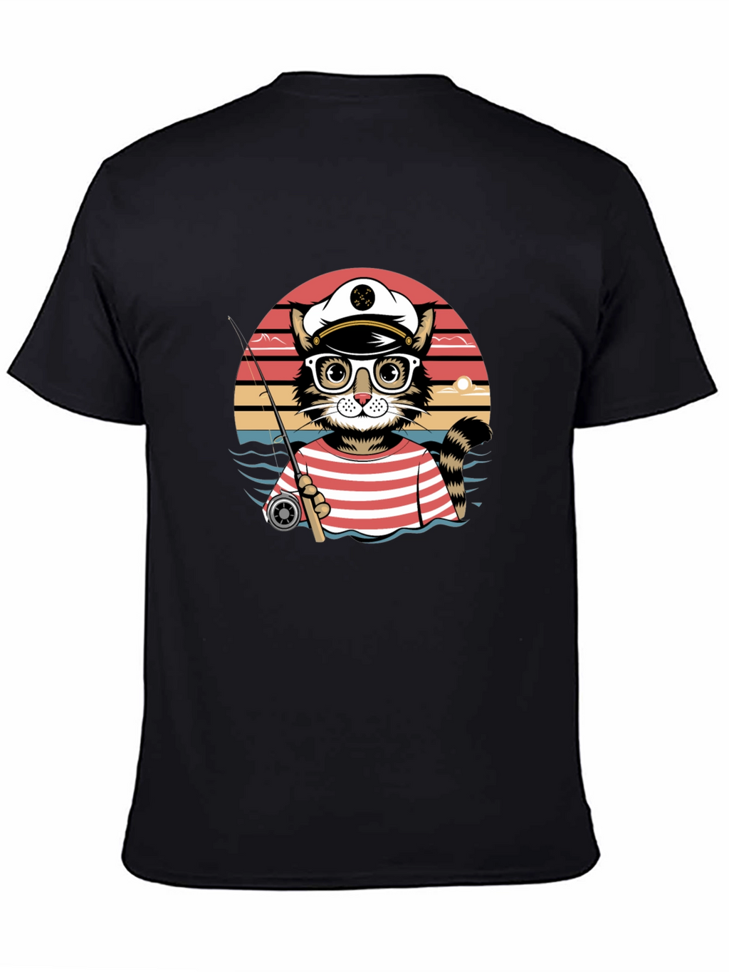 Cat Captain Fishing T-Shirt - Striped Sailor Style