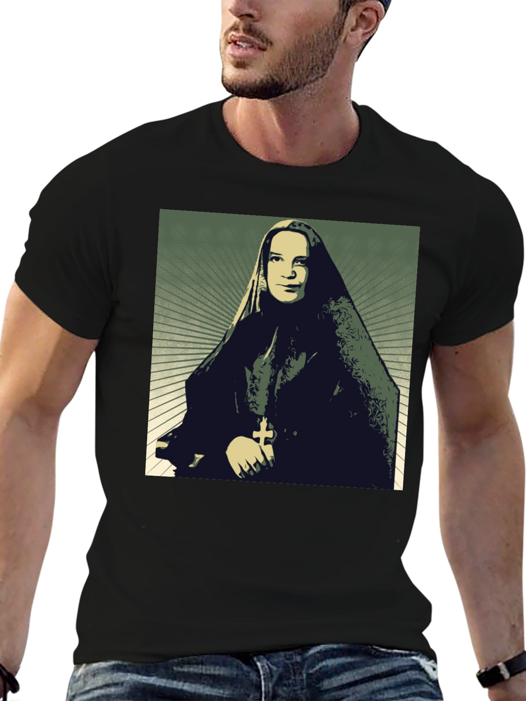 Nun Portrait Graphic T-Shirt - Black