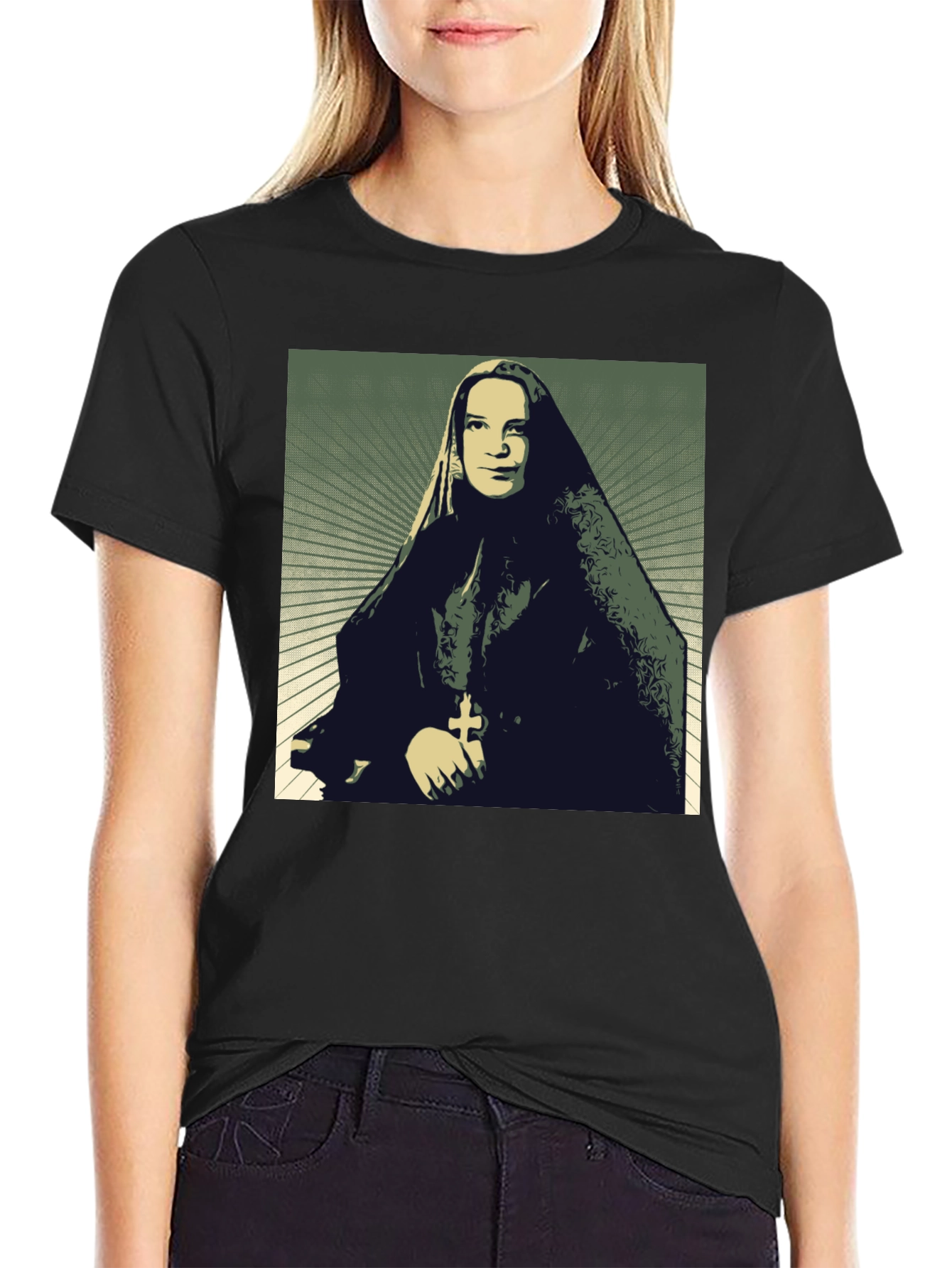 Nun Portrait Graphic T-Shirt - Black