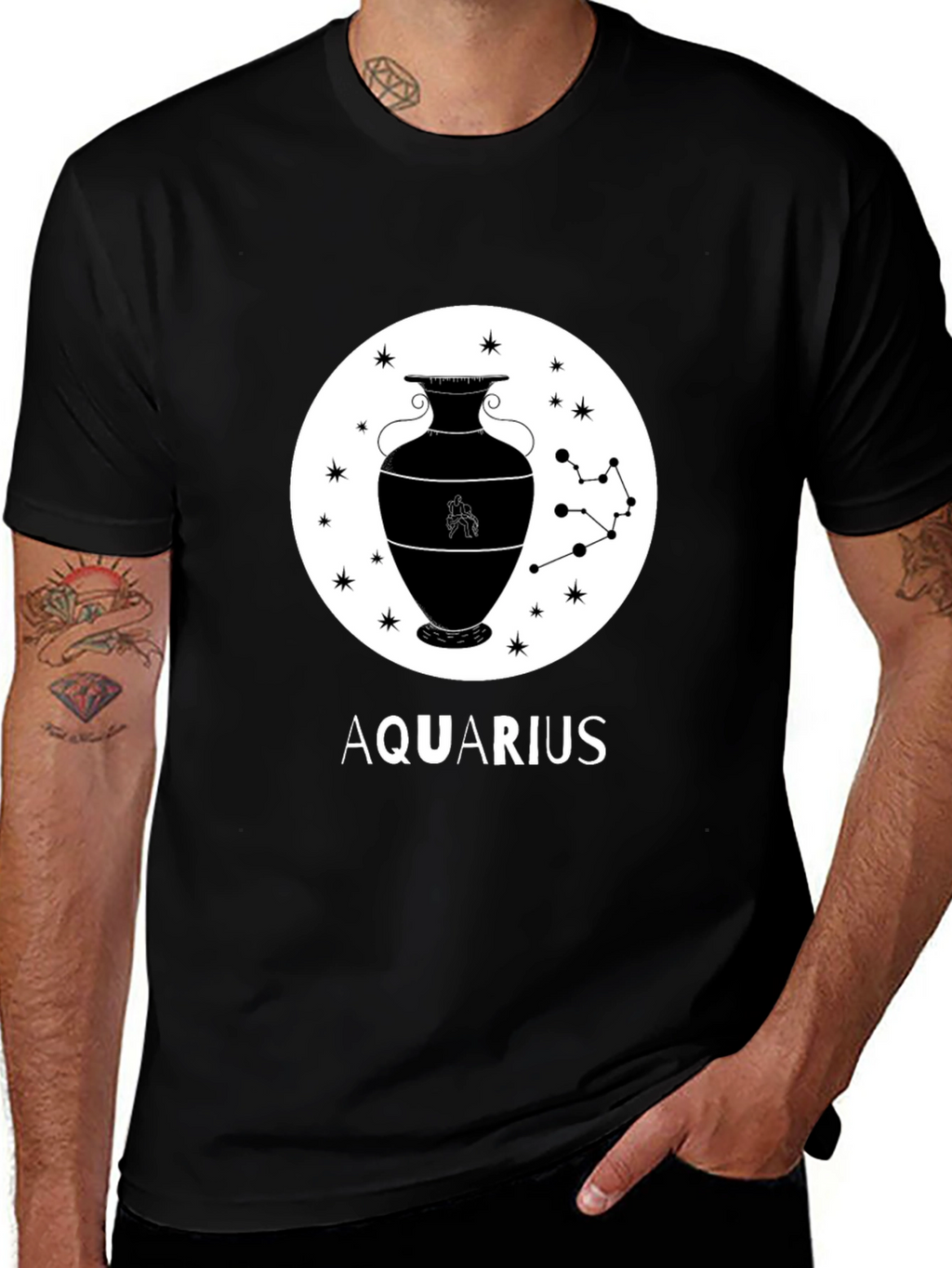 Aquarius Zodiac Graphic T-Shirt - Black