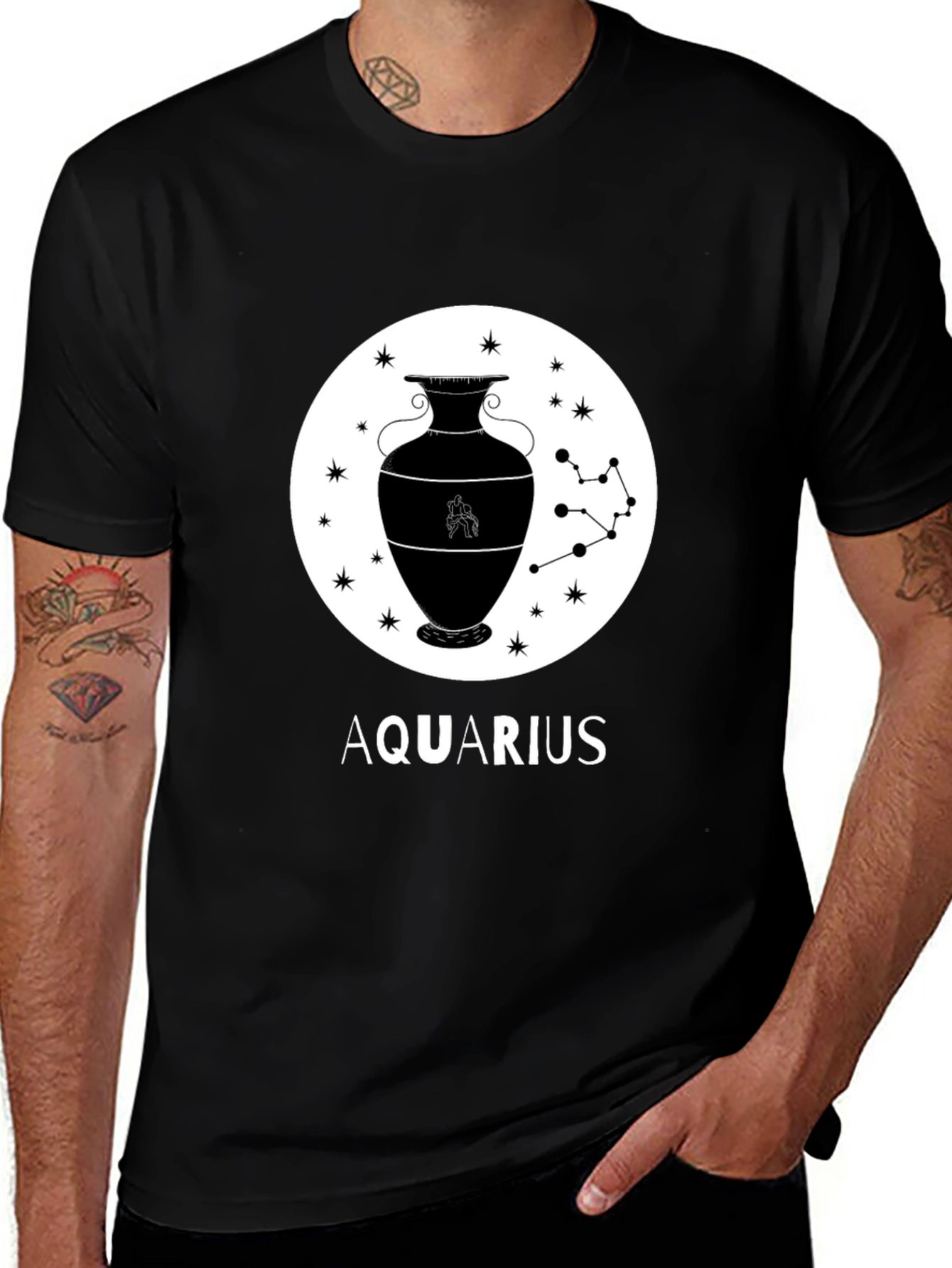 Aquarius Zodiac Graphic T-Shirt - Black