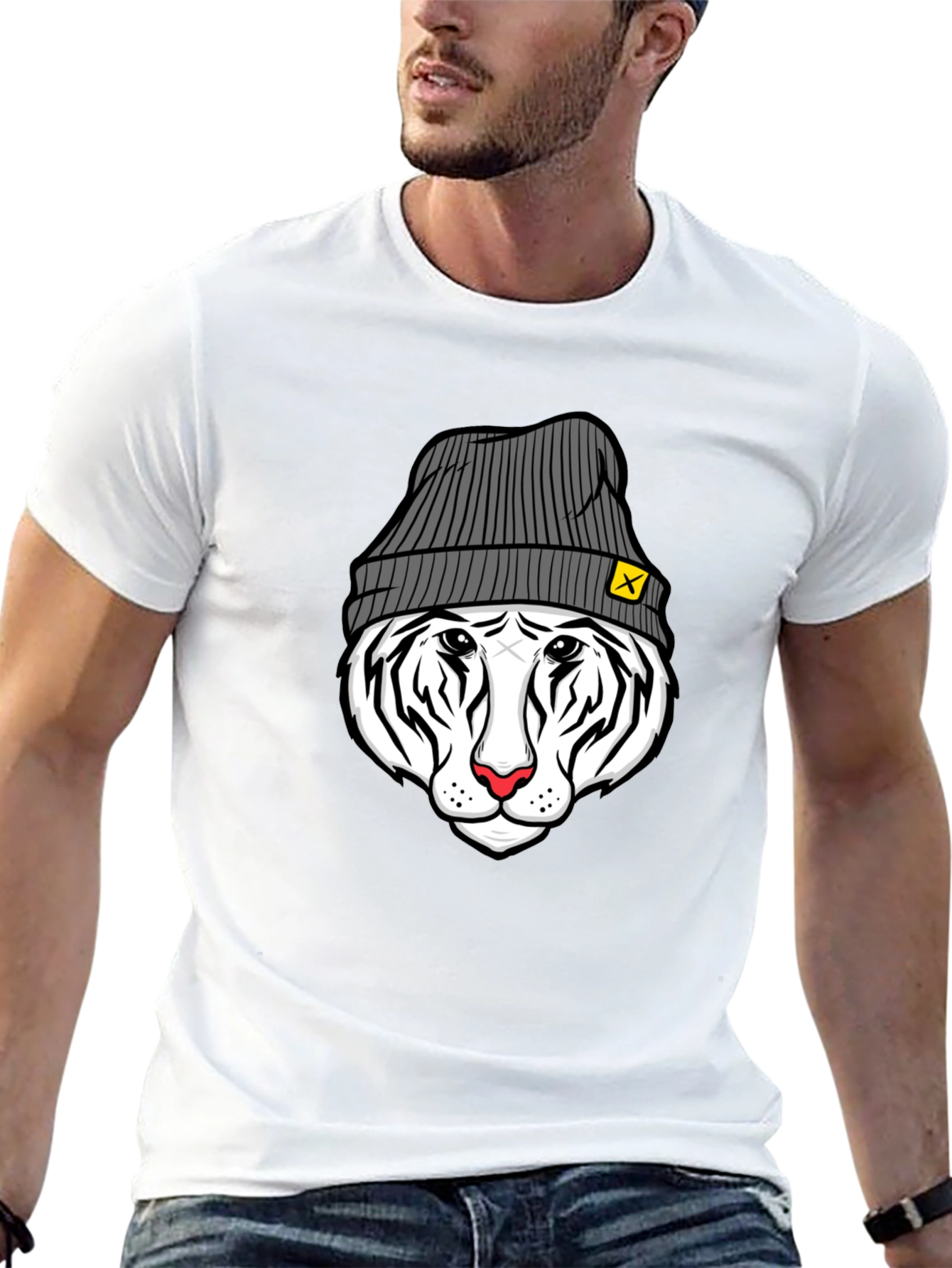 Cool Tiger in Beanie Black T-Shirt