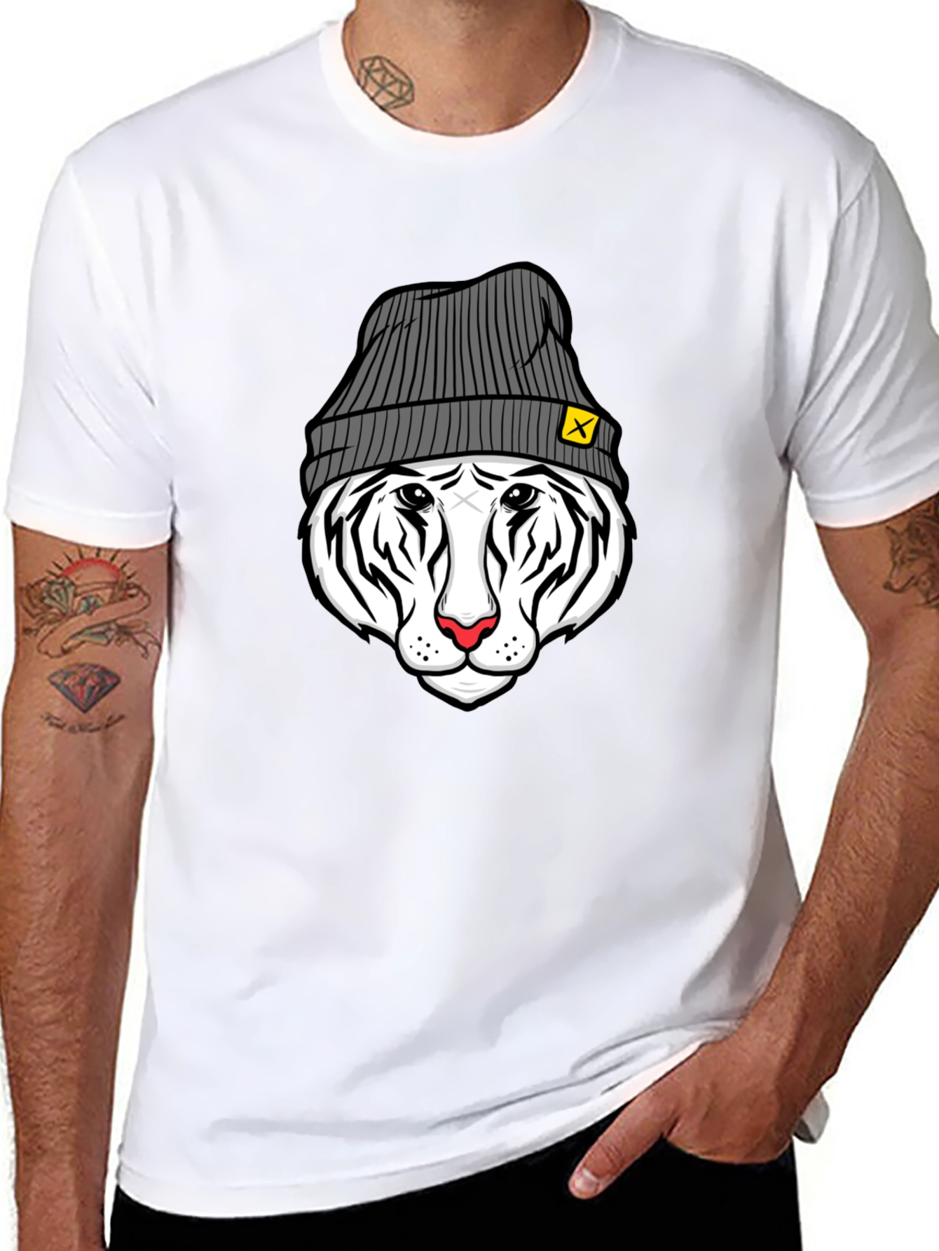 Cool Tiger in Beanie Black T-Shirt