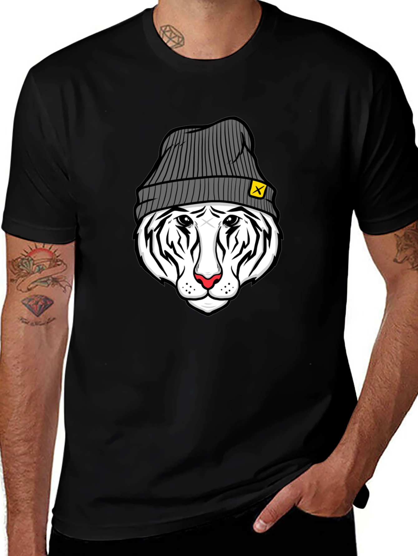 Cool Tiger in Beanie Black T-Shirt