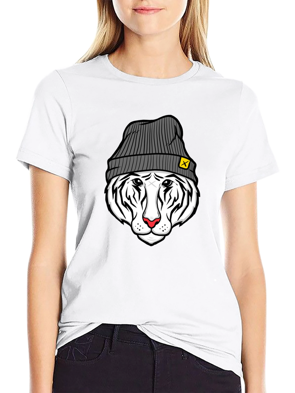 Cool Tiger in Beanie Black T-Shirt