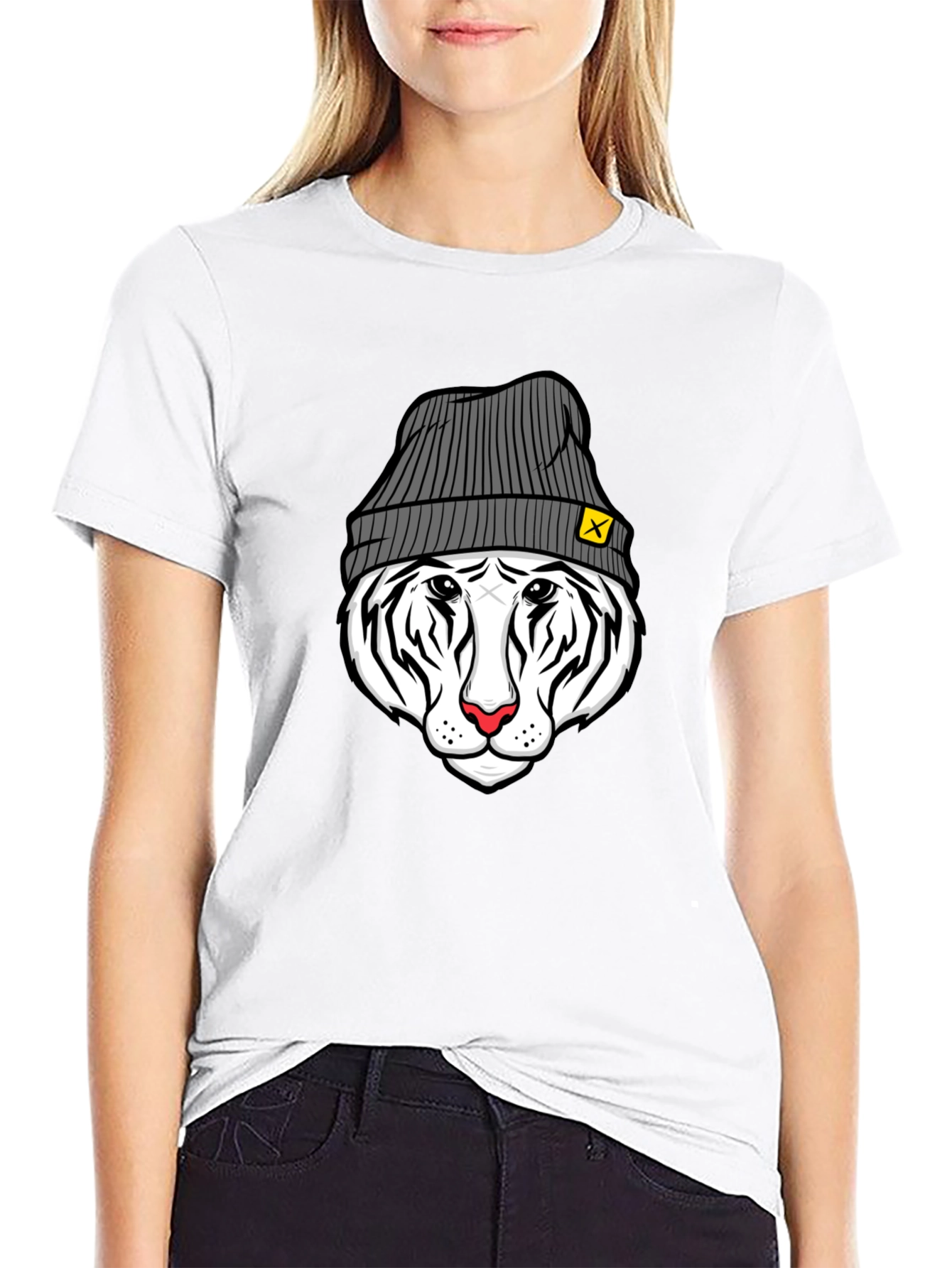 Cool Tiger in Beanie Black T-Shirt
