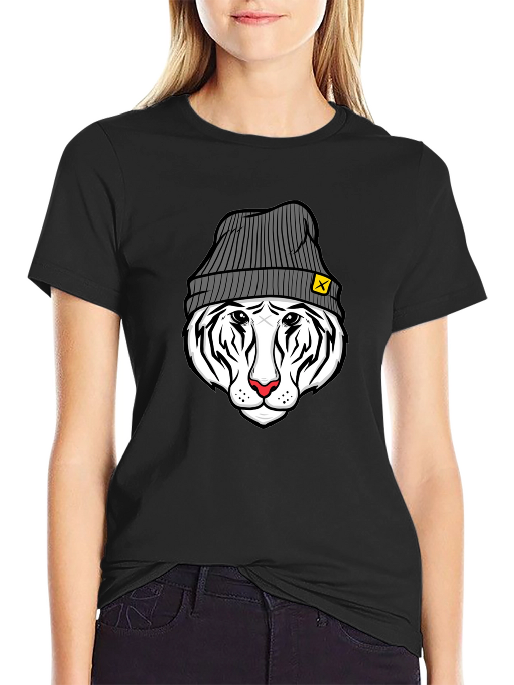 Cool Tiger in Beanie Black T-Shirt