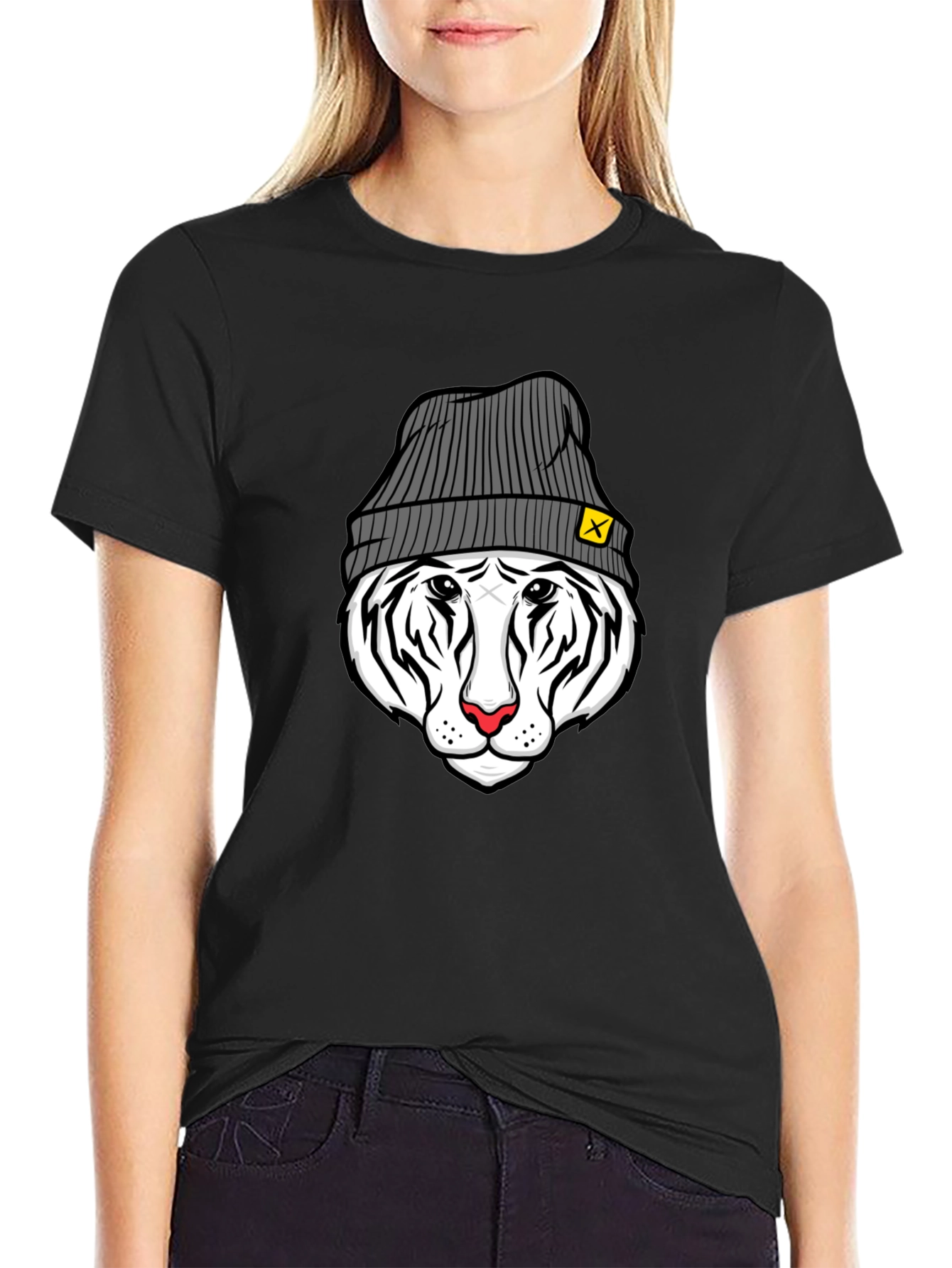 Cool Tiger in Beanie Black T-Shirt