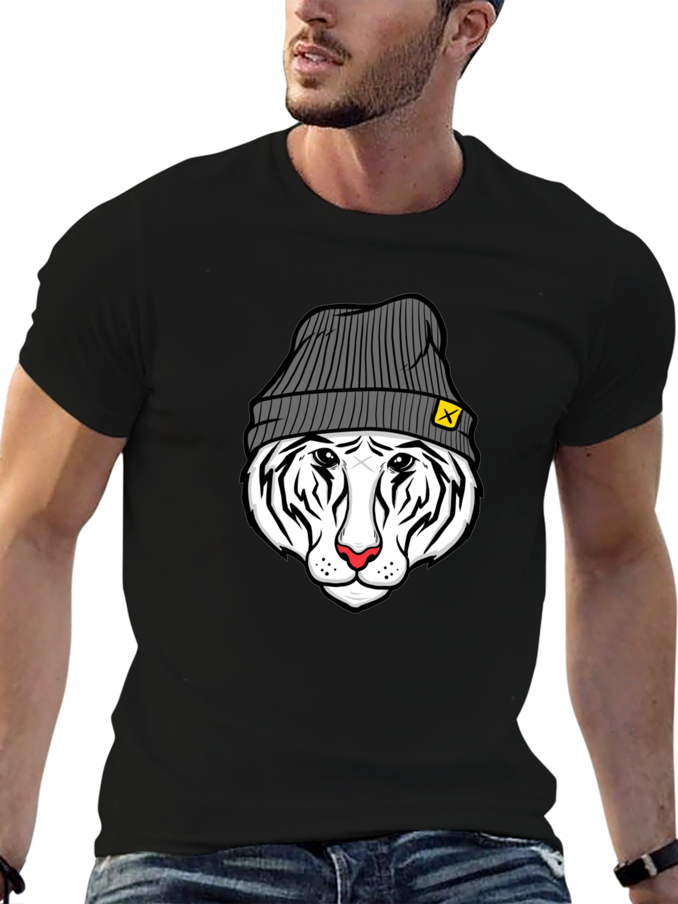 Cool Tiger in Beanie Black T-Shirt