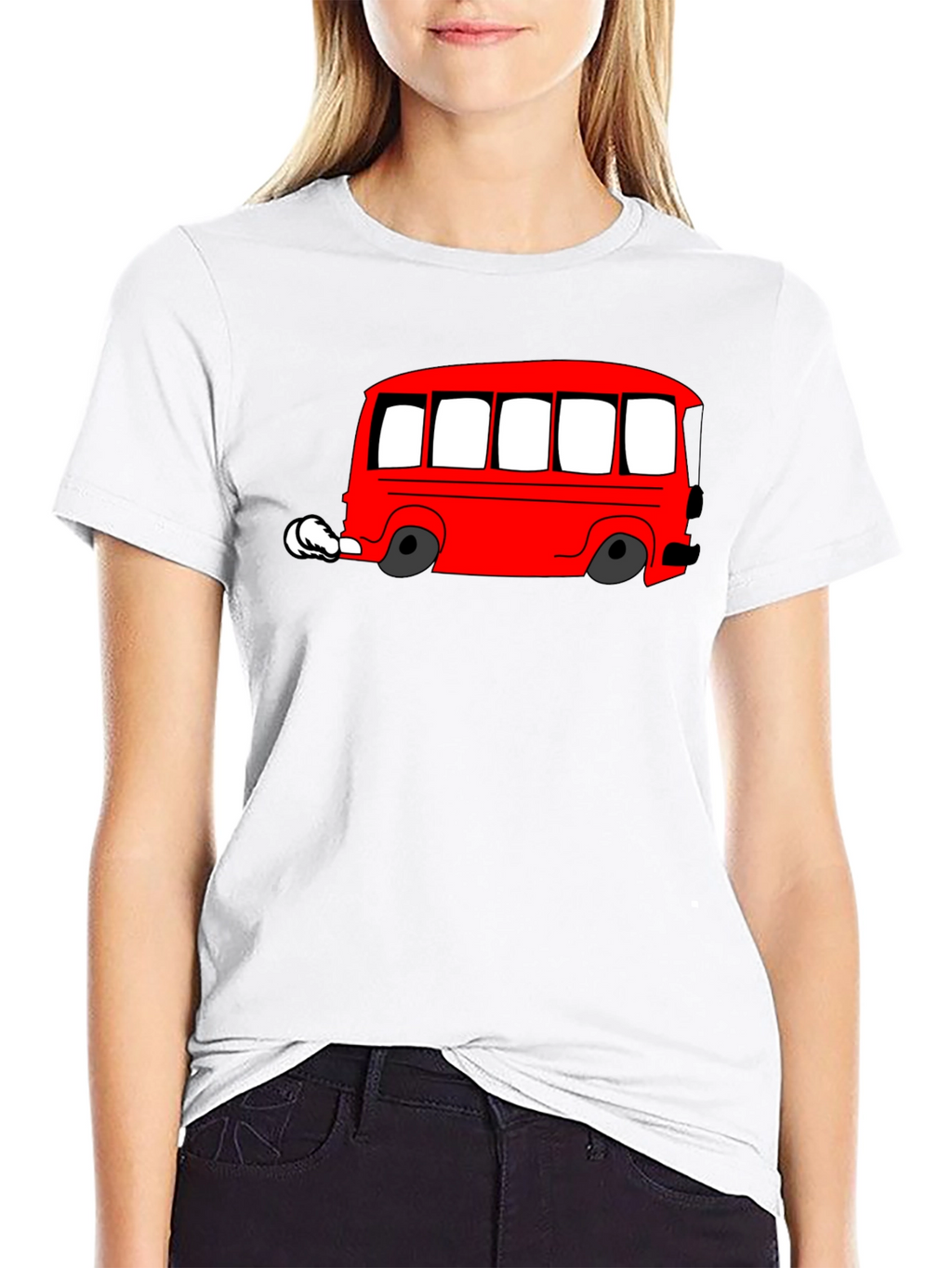 Red Cartoon Bus Graphic Black T-Shirt