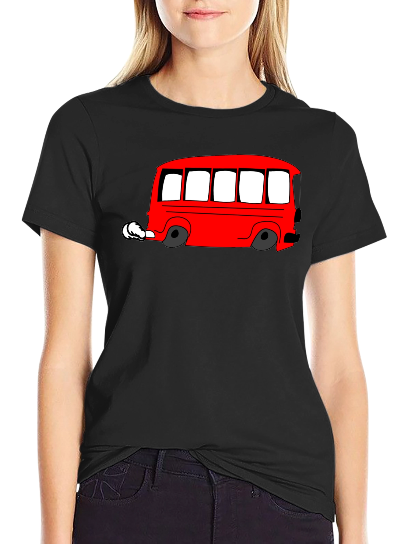 Red Cartoon Bus Graphic Black T-Shirt