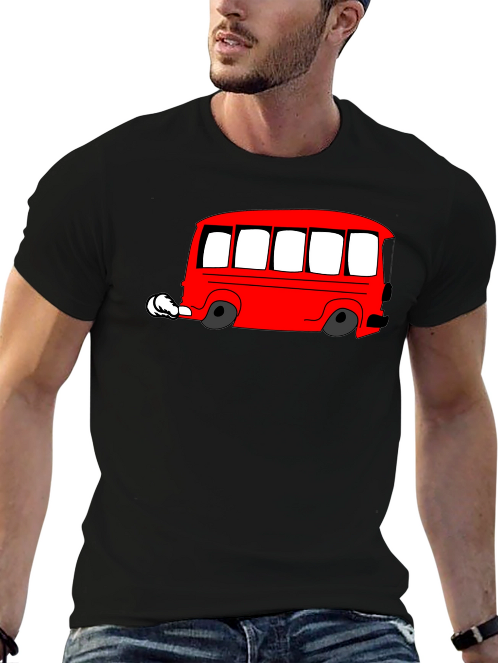 Red Cartoon Bus Graphic Black T-Shirt