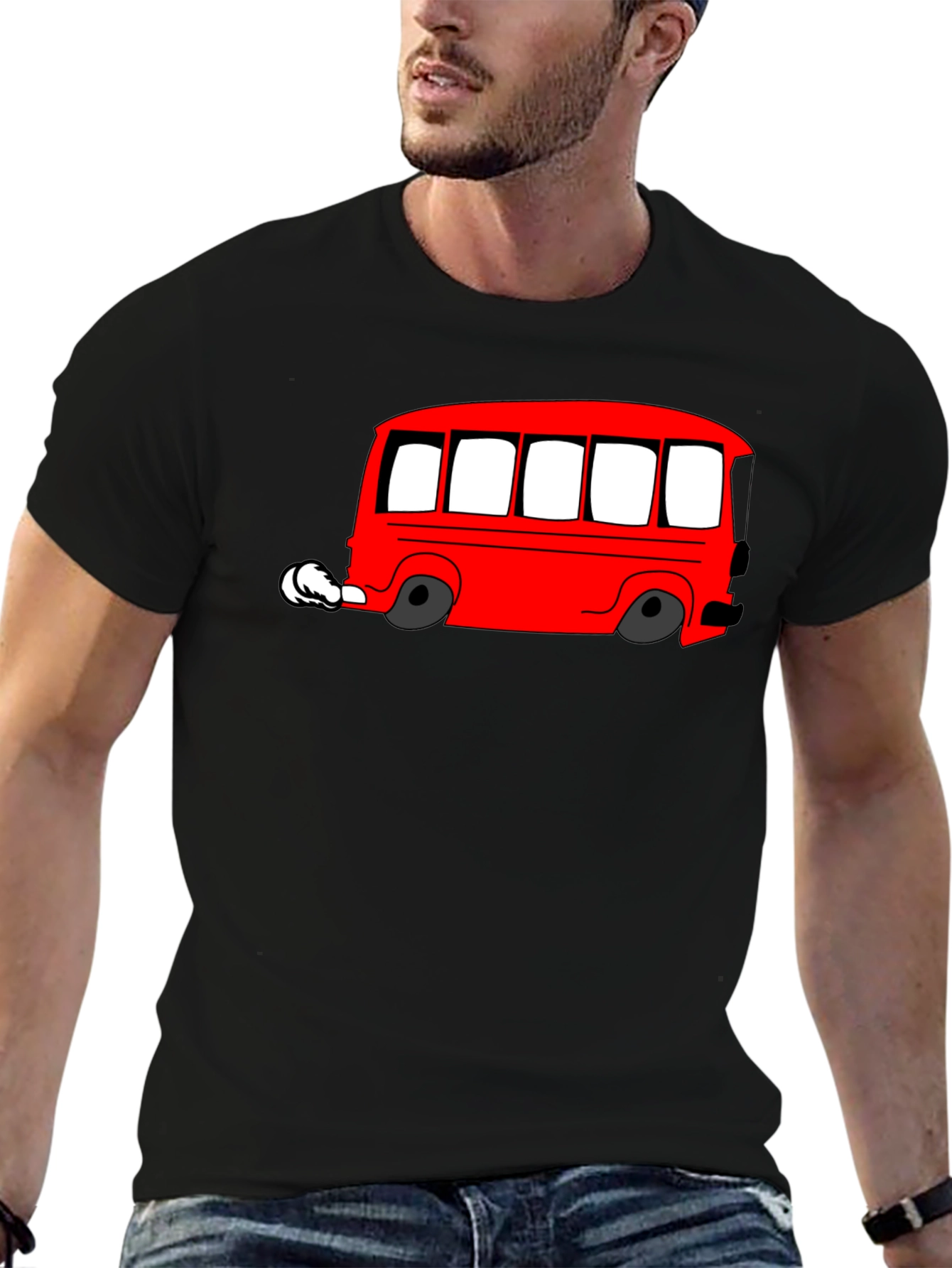 Red Cartoon Bus Graphic Black T-Shirt
