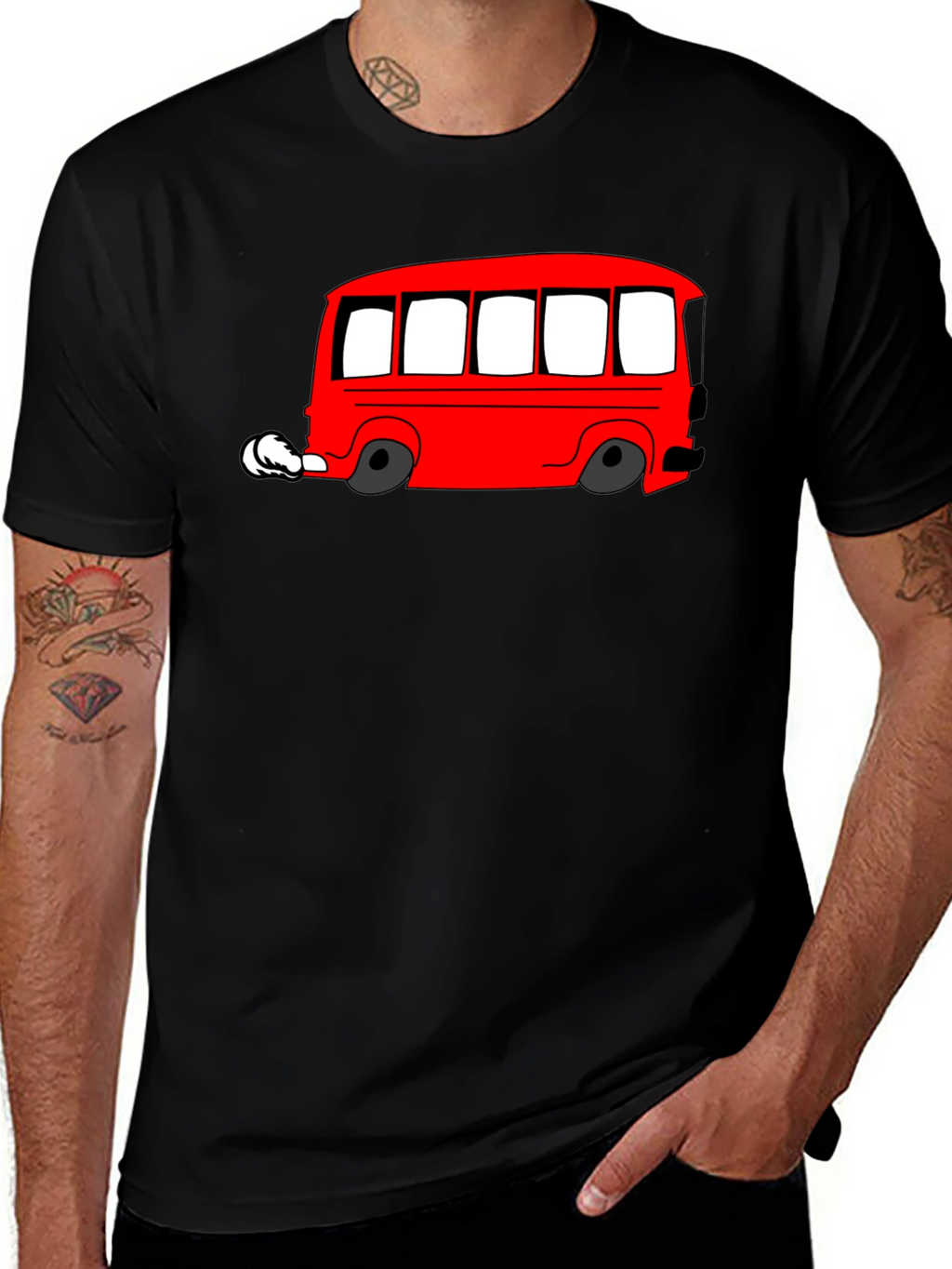 Red Cartoon Bus Graphic Black T-Shirt