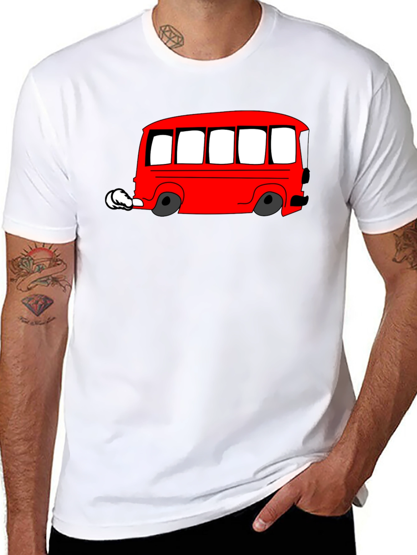 Red Cartoon Bus Graphic Black T-Shirt