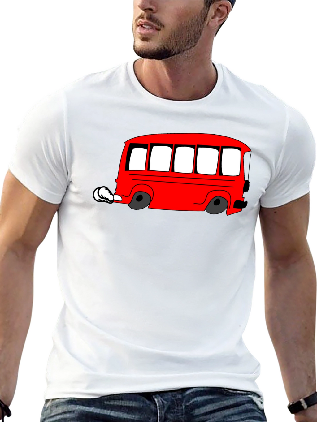 Red Cartoon Bus Graphic Black T-Shirt