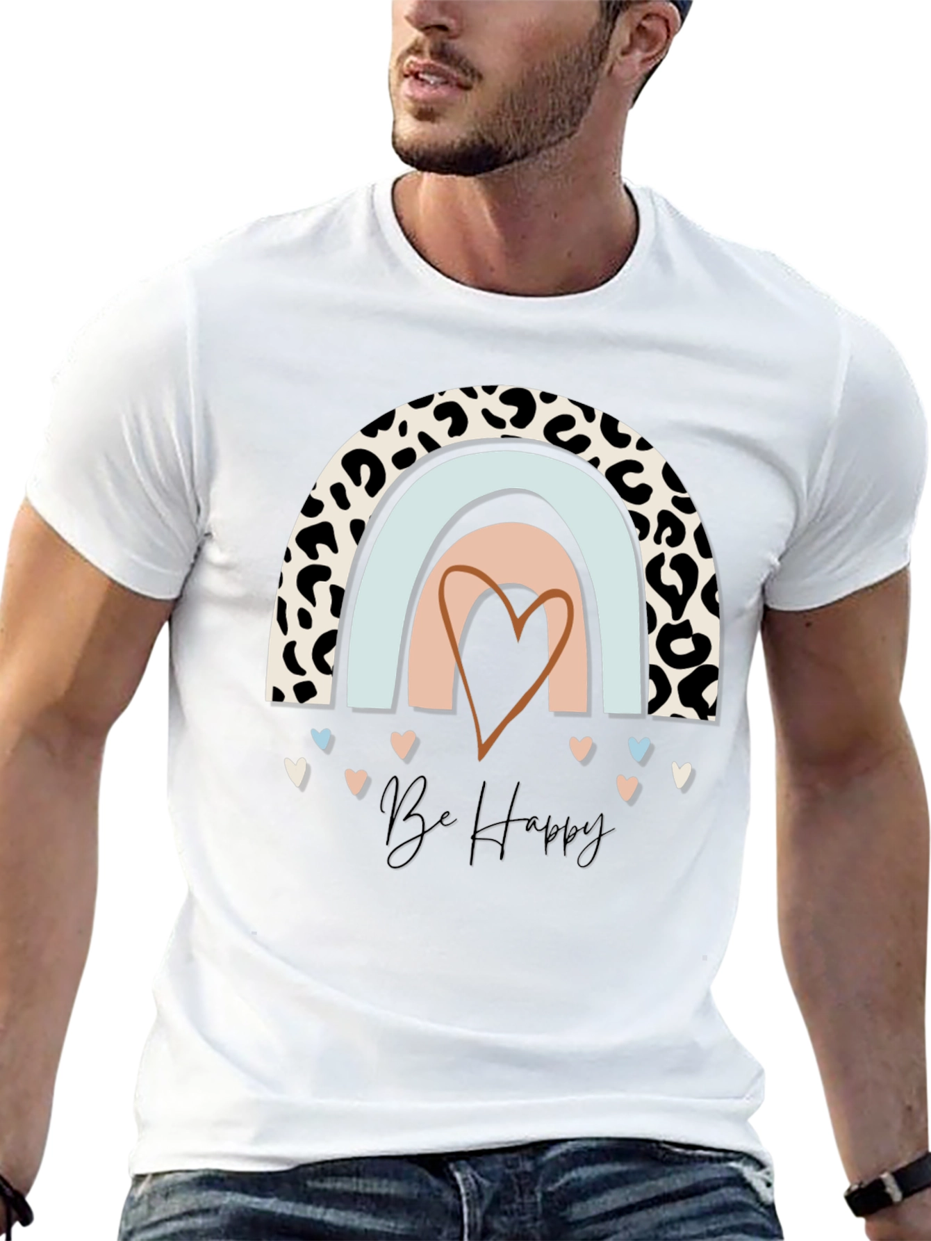 Be Happy Rainbow Leopard Print T-Shirt