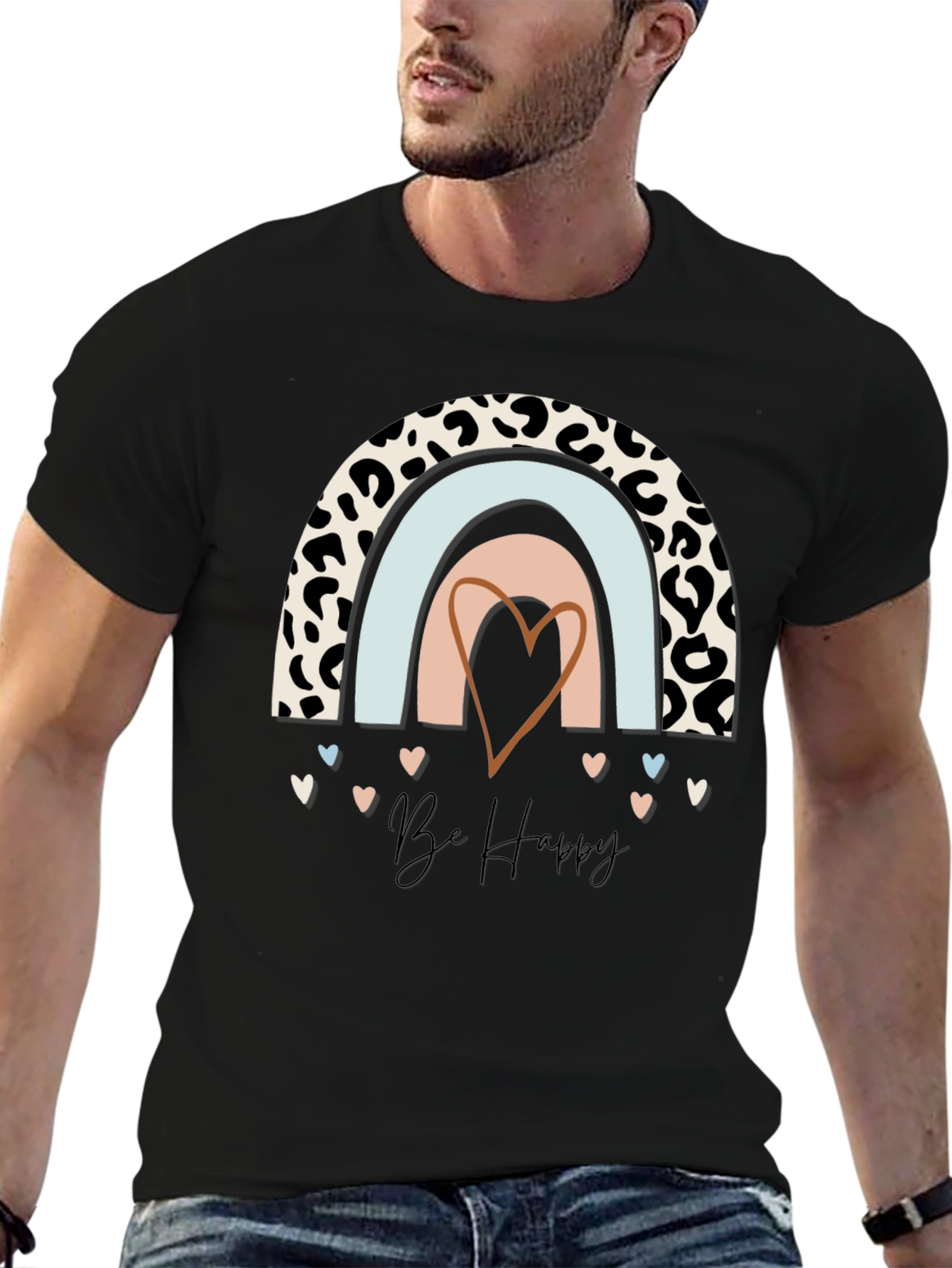 Be Happy Rainbow Leopard Print T-Shirt