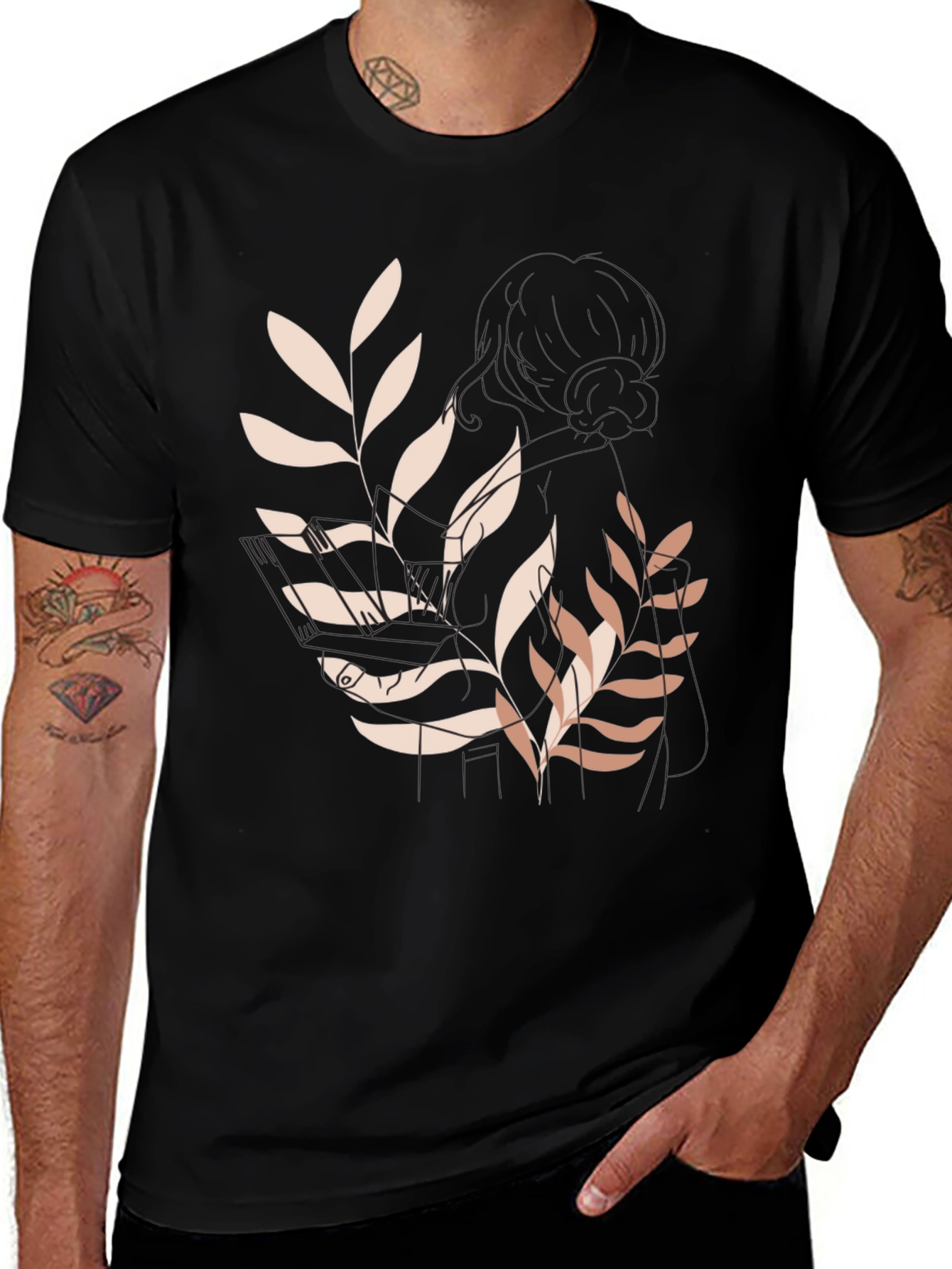 Botanical Print Black Casual Tee