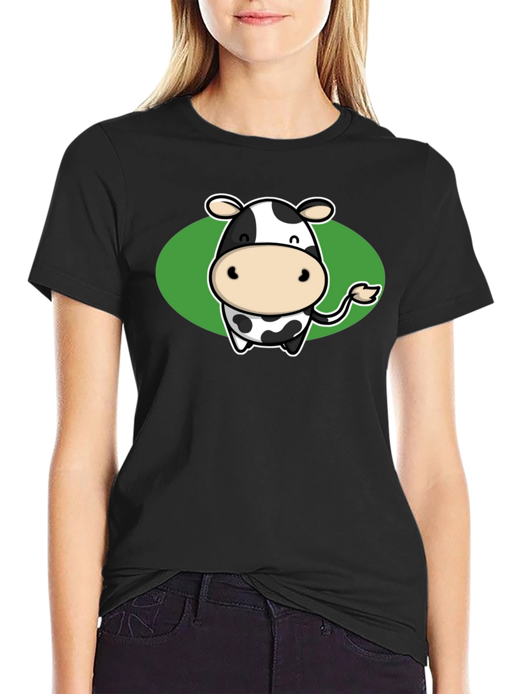 Cute Cow Graphic Tee - Black Cotton T-Shirt