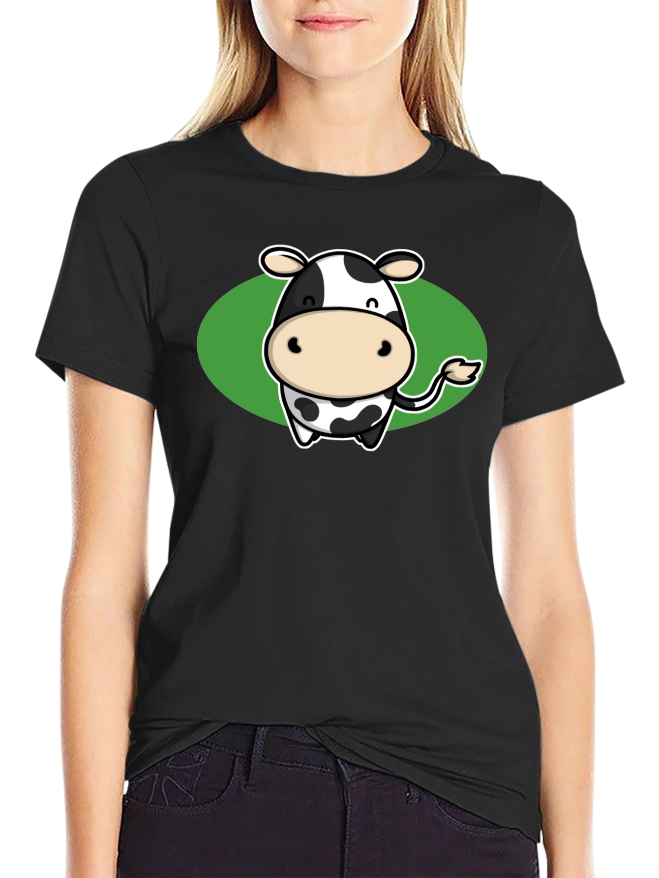 Cute Cow Graphic Tee - Black Cotton T-Shirt