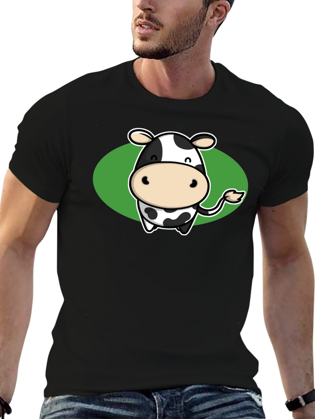 Cute Cow Graphic Tee - Black Cotton T-Shirt