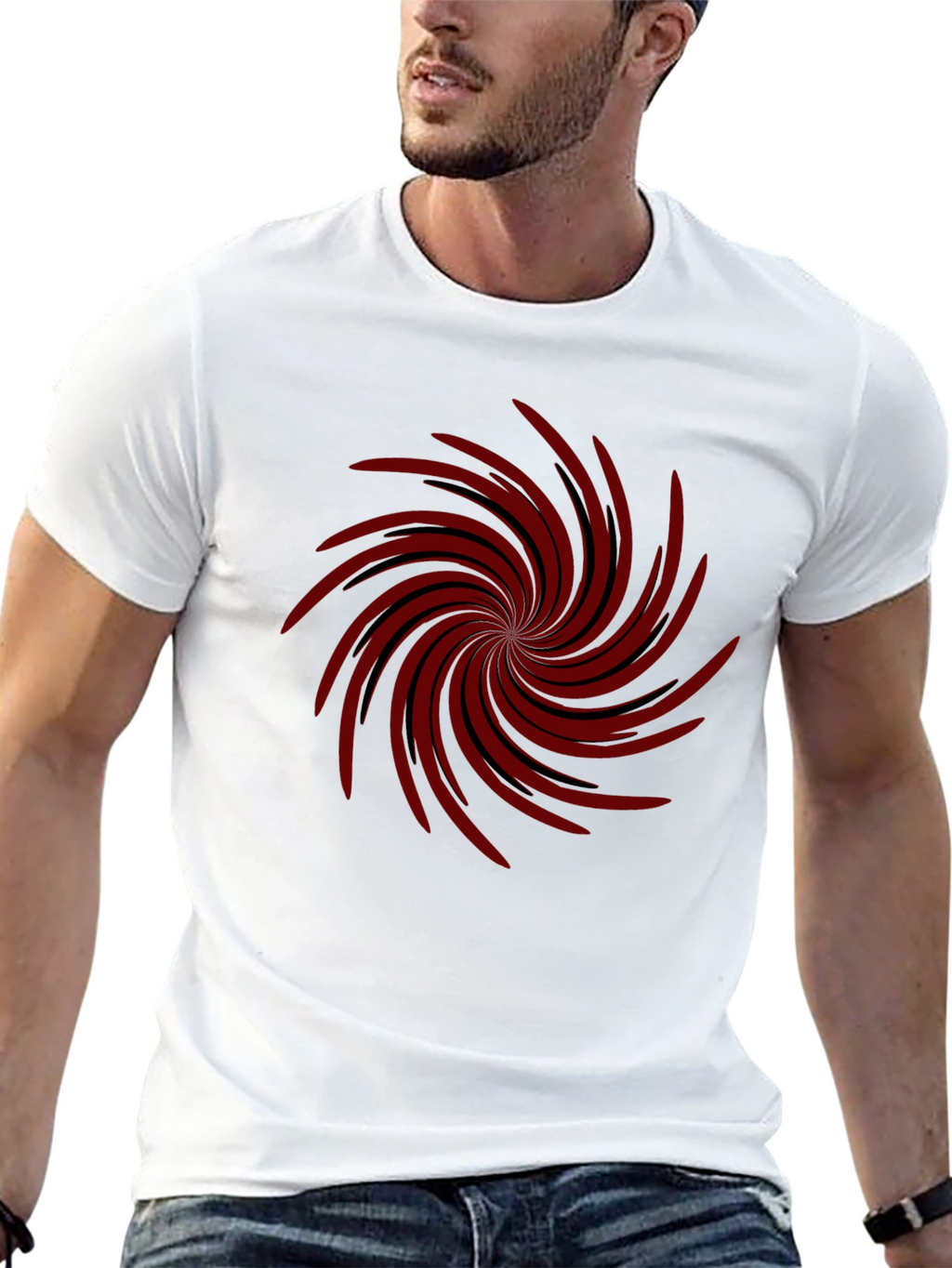 Mens Black T-shirt with Red Spiral Design